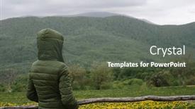  Presentation with green hills - Cool new PPT theme with woman-looking-at-green-hills backdrop and a gray colored foreground