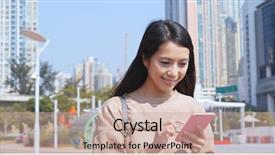  Presentation with phone - Beautiful slides featuring woman looking at mobile phone backdrop and a  colored foreground