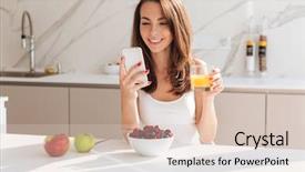  Presentation with looking glass - PPT theme having woman looking at mobile phone background and a lemonade colored foreground