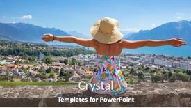  Presentation with city - Presentation theme having woman-looking-at-montreux-city background and a gray colored foreground