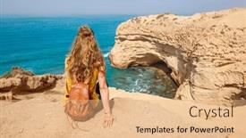  Presentation with adventure - Slide deck featuring woman-looking-at-natural-arch background and a coral colored foreground