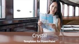  Presentation with map - PPT theme featuring woman looking at paper map background and a violet colored foreground