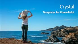  Presentation with sky blue - Presentation theme consisting of woman-looking-at-seacoast background and a teal colored foreground