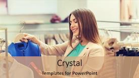  Presentation with people mall - PPT theme enhanced with woman looking at shirt price background and a coral colored foreground