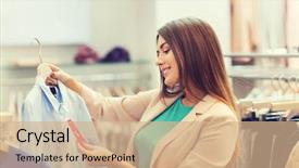  Presentation with people mall - PPT theme enhanced with woman looking at shirt price background and a coral colored foreground