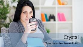  Presentation with retail smart phone shopping - Beautiful presentation design featuring woman looking at smart phone backdrop and a light blue colored foreground