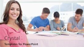  Presentation with study - Colorful PPT layouts enhanced with woman-looking-at-the-camera backdrop and a coral colored foreground