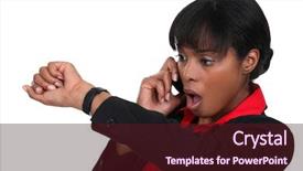  Presentation with time wasting - PPT theme with woman looking at the time background and a wine colored foreground