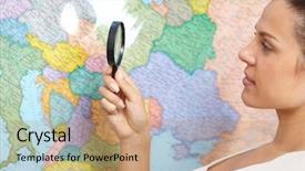  Presentation with woman world - Audience pleasing PPT theme consisting of woman looking at world map backdrop and a coral colored foreground