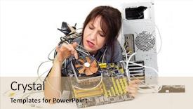  Presentation with computer repair - Slide deck featuring woman looking computer processor cooler background and a coral colored foreground