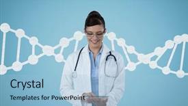  Presentation with dna - Slide set enhanced with woman looking down with dna background and a light blue colored foreground