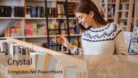  Presentation with book store - Cool new presentation theme with woman looking for a book backdrop and a coral colored foreground