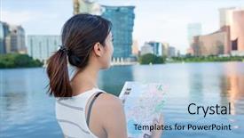  Presentation with macau - Cool new presentation theme with woman looking for location in macau backdrop and a light blue colored foreground