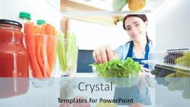  Presentation with fridge - Audience pleasing theme consisting of woman-looking-for-something backdrop and a light blue colored foreground