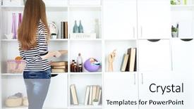  Presentation with closet - Beautiful slide deck featuring woman looking for something in closet in room with modern interior backdrop and a cool aqua colored foreground