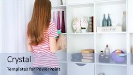  Presentation with closet - Beautiful PPT theme featuring woman looking for something in closet in room with modern interior backdrop and a light blue colored foreground