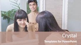  Presentation with man vs woman - PPT layouts with woman looking in bathroom mirror background and a coral colored foreground