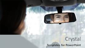  Presentation with rear view mirror - PPT theme having woman-looking-in-car-rear background and a sky blue colored foreground