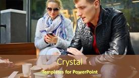  Presentation with smartphone - Colorful presentation design enhanced with woman-looking-in-smartphone backdrop and a red colored foreground