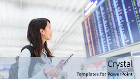  Presentation with information - PPT theme consisting of woman looking information board holding cellphone airport background and a light blue colored foreground