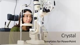  Presentation with test - Slides featuring woman-looking-into-eye-test background and a coral colored foreground