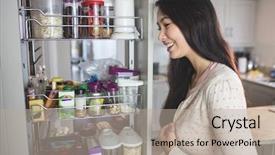  Presentation with kitchen cabinet - Colorful presentation design enhanced with woman looking into the storage backdrop and a  colored foreground