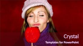  Presentation with christmas candy - Cool new PPT theme with woman looking on tasty red candy toffee taffy apple on christmas holiday market fair backdrop and a wine colored foreground