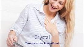  Presentation with photo album - PPT layouts featuring woman looking photo book female looking photography album background and a sky blue colored foreground