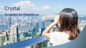 Presentation with telescope - Audience pleasing PPT theme consisting of woman looking though the telescope in the peak of hong kong backdrop and a sky blue colored foreground