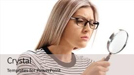  Presentation with looking glass - Beautiful PPT layouts featuring woman looking through a magnifying backdrop and a coral colored foreground