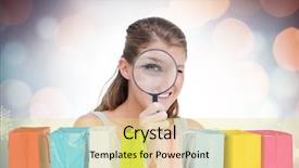  Presentation with looking glass - Amazing PPT theme having woman looking through a magnifying glass against glowing christmas background backdrop and a yellow colored foreground