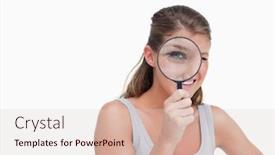  Presentation with looking glass - Beautiful presentation theme featuring woman looking through a magnifying glass against a white background backdrop and a lemonade colored foreground