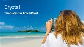 Presentation with telescope - Slide deck featuring woman looking through binoculars or telescope on the tropical beach background and a gray colored foreground