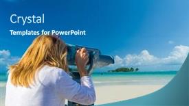  Presentation with telescope - PPT layouts having woman looking through binoculars or telescope on the tropical beach background and a gray colored foreground
