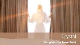  Presentation with curtains - Slide set having woman-looking-through-curtains background and a coral colored foreground