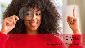  Presentation with elementary school female career day african american - PPT layouts having woman looking through magnifying glass background and a crimson colored foreground