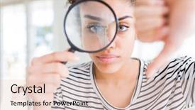  Presentation with african american couples in the mountains - PPT theme with woman looking through magnifying glass background and a lemonade colored foreground