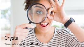  Presentation with eye glass - Amazing presentation theme having woman looking through magnifying glass backdrop and a lemonade colored foreground