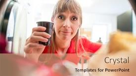  Presentation with drum - Audience pleasing presentation design consisting of woman-looks-into-a-laundry backdrop and a coral colored foreground