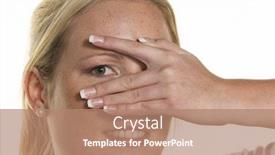  Presentation with fingers - Cool new slide set with woman-looks-through-fingers backdrop and a coral colored foreground