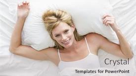 Presentation with bed - Presentation theme with woman lying in bed smiling background and a coral colored foreground