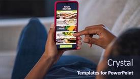  Presentation with online app - PPT theme having woman-lying-on-couch-using background and a navy blue colored foreground