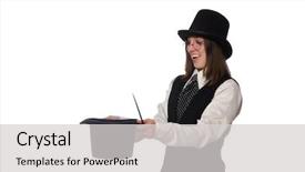  Presentation with magician - Amazing PPT theme having woman magician isolated on the white backdrop and a light gray colored foreground