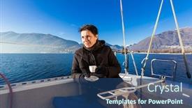  Presentation with sailboat - PPT layouts consisting of woman makes a coffee break aboard his sailboat background and a ocean colored foreground