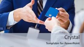  Presentation with payment - Cool new theme with woman makes payment with credit backdrop and a  colored foreground