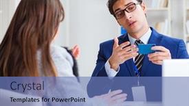  Presentation with payment - Audience pleasing slide deck consisting of woman-makes-payment-with-credit backdrop and a teal colored foreground