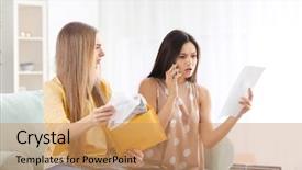  Presentation with mobil home park - Slides consisting of woman making call about purchase background and a coral colored foreground