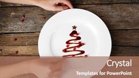  Presentation with christmas chocolate - Slide set with woman making christmas fir tree made from chocolate on old wooden table background and a coral colored foreground