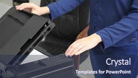  Presentation with office management - Beautiful slide deck featuring woman making copy of document backdrop and a navy blue colored foreground