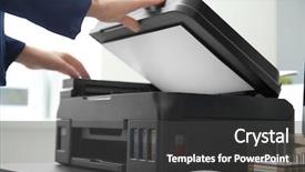  Presentation with office - Slide deck having woman making copy of document background and a dark gray colored foreground